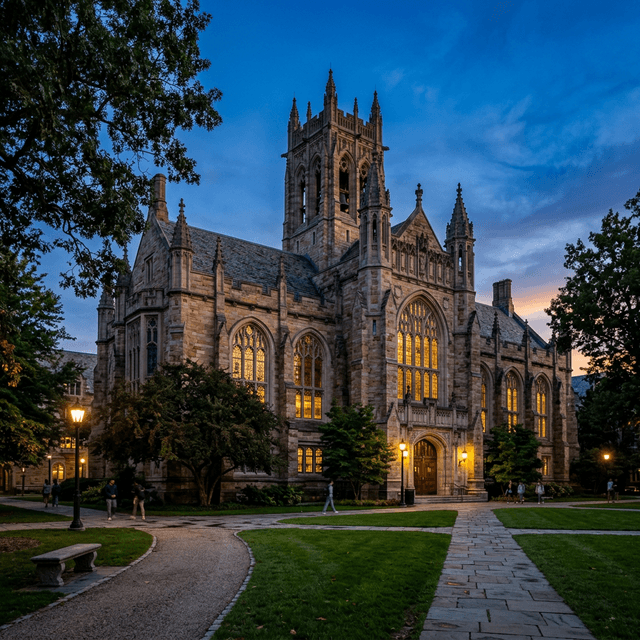 Ivy League gothic campus at dusk